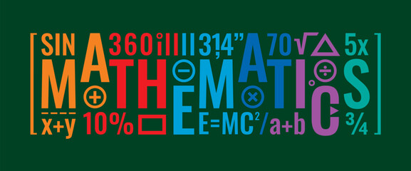 mathematics word on anthracite background and mathematical symbols - obrazy, fototapety, plakaty