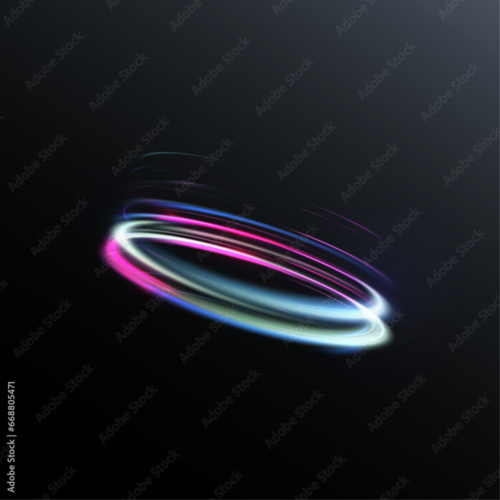 Poster abstract neon blue-violet ring. a bright plume of luminous rays swirling in a fast spiraling motion.