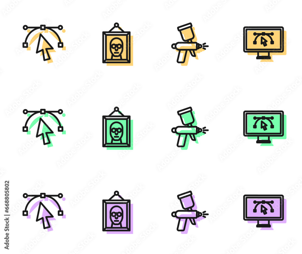 Poster set line paint spray gun, bezier curve, picture and computer with design program icon. vector