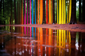 Vibrant colors in the forest with reflection in the rain on the ground.