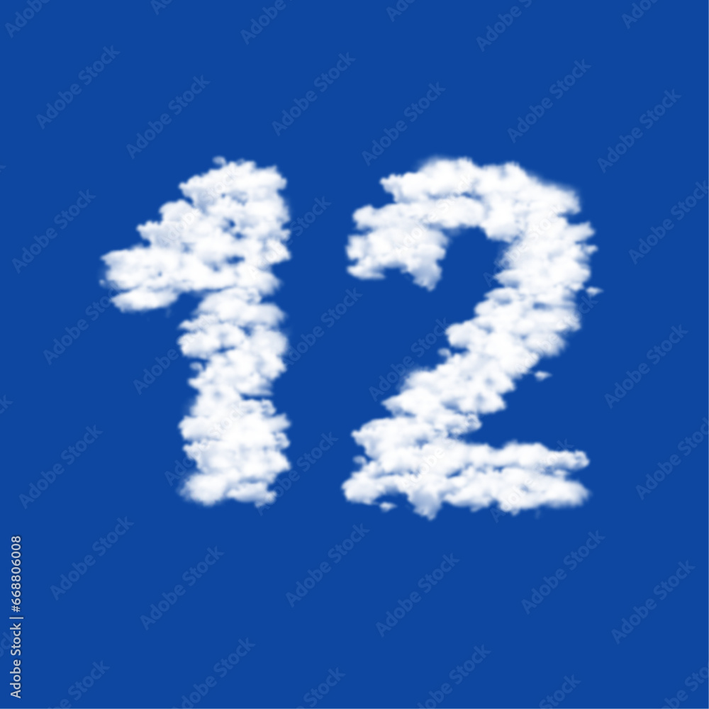 Poster clouds in the shape of a twelve number on a blue sky background. a symbol consisting of clouds in th