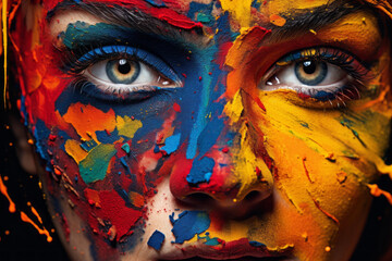 Close up of a young girl with paint on her face. Concept of creativity, art, painting.