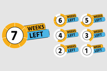 Original name(s): Number 1 of week left to go. Collection badges sale, landing page, banner, 1 week to go banner ribbon. Flat style vector illustration, Countdown timer sign. Number days left countdow