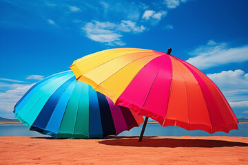 Two large parasols in bold and vibrant colors on the beach with a turquoise sky and sea in the background.