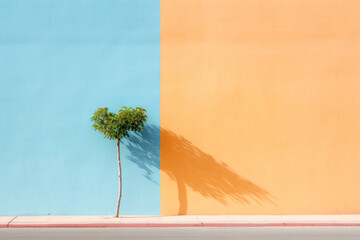A small tree with a heart-shaped crown grows out of concrete in front of a pastel-colored wall. Concept of love, love always wins.