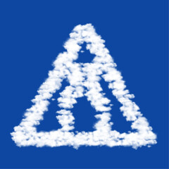 Clouds in the shape of a road narrowing sign on a blue sky background. A symbol consisting of clouds in the center. Vector illustration on blue background