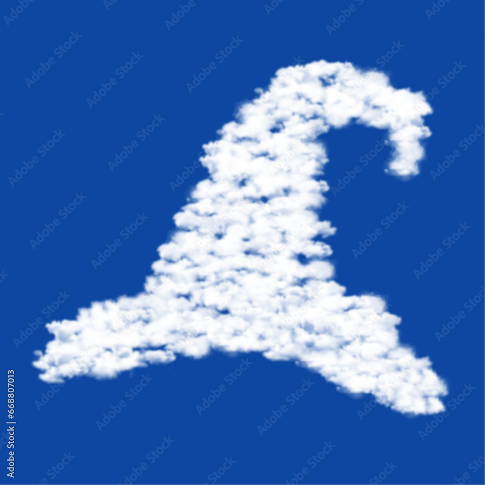 Poster clouds in the shape of a wizard hat symbol on a blue sky background. a symbol consisting of clouds i