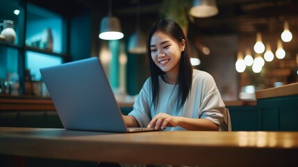 Fototapeta premium Happy young Asian girl working at a coffee shop with a laptop, bright clean window on the background.