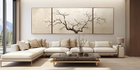 Interior of modern living room with beige sofa, large floor to ceiling windows and Traditional Japanese golden decoration painting frames.