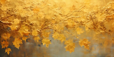Abstract golden 3d leaves painting background, modern contemporary art gold shiny leafy pattern art.