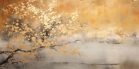 ancient oriental golden paintings of plum blossom, and oriental classical paintings of Asia.Luxury ornament painting in golden leaf texture.