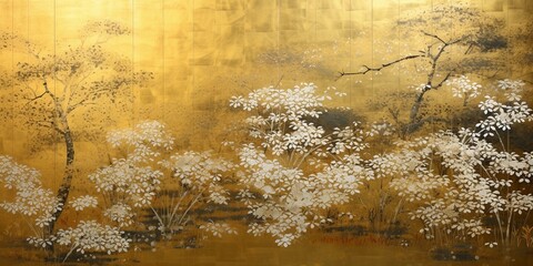ancient oriental golden paintings of plum blossom, and oriental classical paintings of Asia.Luxury ornament painting in golden leaf texture.