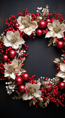 Christmas wreath on wooden background.