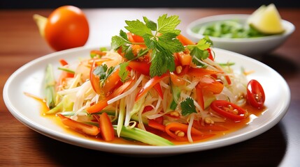 Thai papaya salad on a white plate Generate AI