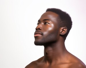 Portrait black man with flawless and glowing melanin skin isolated on white background, side view,...