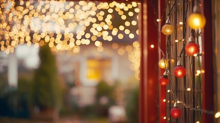 Close up of  fairy light bulbs in the decoration of the Christmas and new year celebration yard on blurred shiny home backyard background, winter holiday season outdoor background, with copy space.