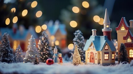 Amazing fairy house,little toy Christmas houses with a burning light inside is on blured green background. - obrazy, fototapety, plakaty