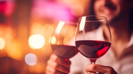 Foto op Plexiglas Clinking glasses of red wine, blurred people on pink shiny background. © Jasper W