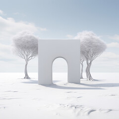a winter arch with two completely snow covered trees on flat horizon in daytime