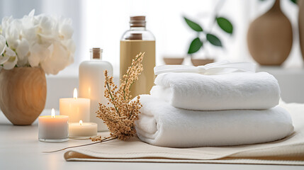 Towels with herbal bags and beauty treatment items setting in spa center in white room