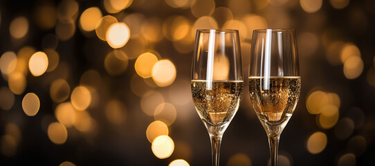 2 champagne glasses with blurred gold color bokeh background on New Year/Christmas celebration day
