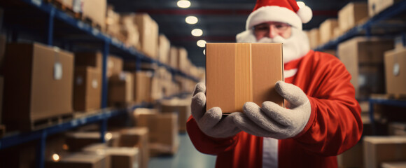 mockup - Santa Claus in a shipping warehouse with a cardboard box in his hands - concept of online shopping and home deliveries at Christmas - obrazy, fototapety, plakaty