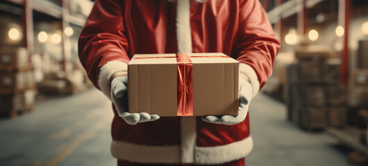 Santa Claus in a shipping warehouse with a cardboard box in his hands - concept of online shopping and home deliveries at Christmas - obrazy, fototapety, plakaty