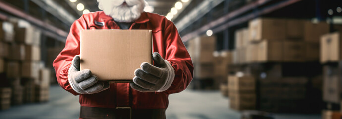 mockup - Santa Claus in a shipping warehouse with a cardboard box in his hands - concept of online shopping and home deliveries at Christmas - obrazy, fototapety, plakaty