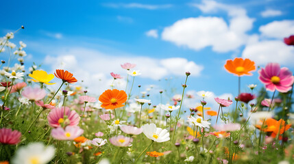 beautiful flowers bloom with blue sky in the spring field, soft focus