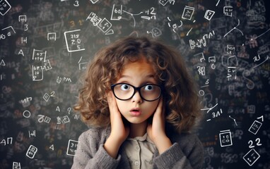 A Student child. A funny schoolgirl surrounded by numbers, equations, and math operations - obrazy, fototapety, plakaty