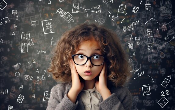 A Student child. A funny schoolgirl surrounded by numbers, equations, and math operations
