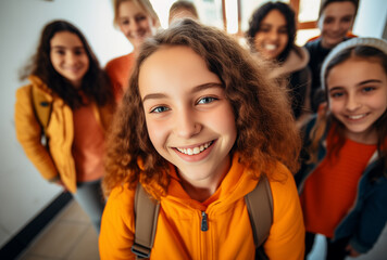 Retrato de una colegiala sonriente mirando la cámara con sus compañeros en segundo plano