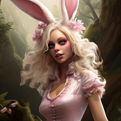 Pretty woman with blond hair in pink, with bunny ears, in Easter holiday style.