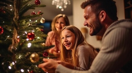 Obraz na płótnie Canvas Joyful Family Decorating Christmas Tree Together