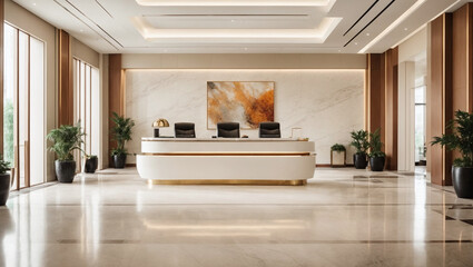 Obraz na płótnie Canvas Elegant corporate lobby with a grand reception desk, marble floors, and contemporary art.