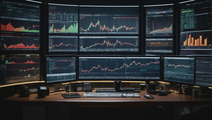 Financial data analysis scene with charts, graphs, and stock market tickers on multiple screens.