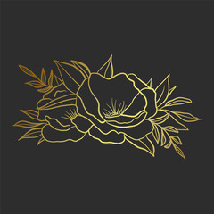 Obraz premium Beautiful golden peony flowers, vector illustration card.
