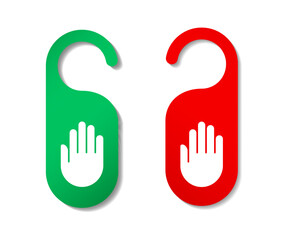 Do not disturb and welcome, come in, door hanger with hand red and green colors in realistic style with shadows, hotel service, rest, simple flat style vector illustration.