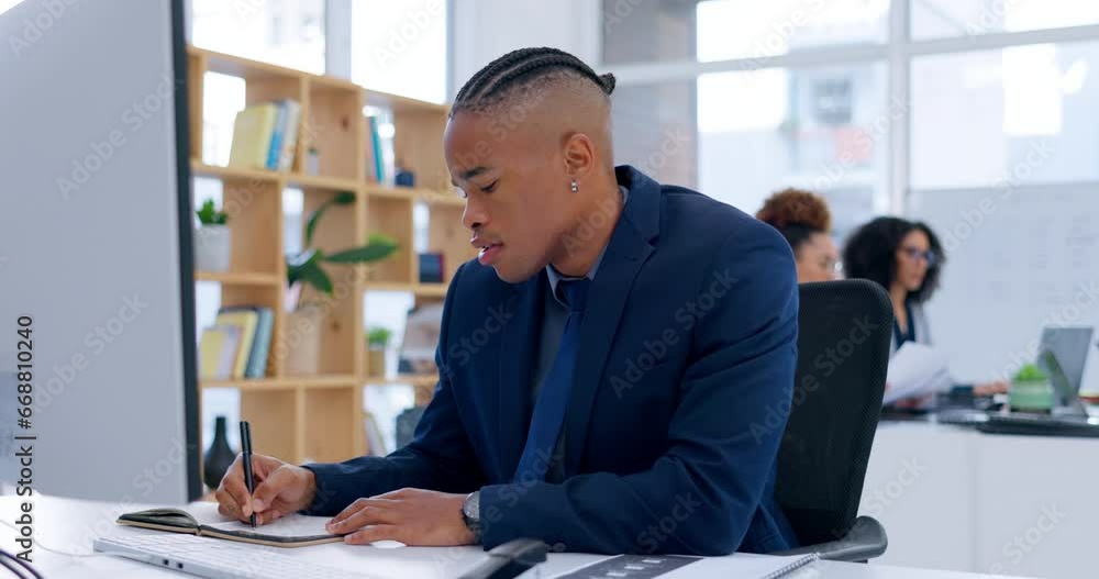 Poster business, thinking and black man with a solution, computer and digital planning with a new project. 