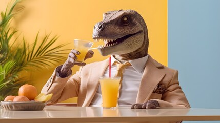 A joyful dinosaur sipping a cocktail and having a great time at a party