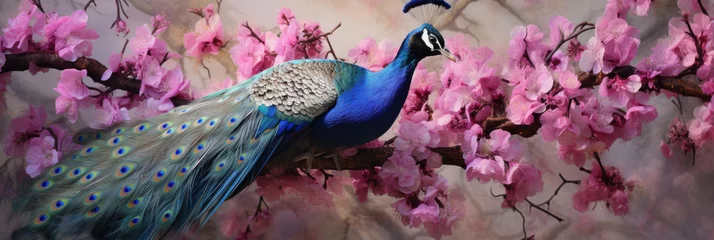 Fototapeten Colorful peacock on the background of pink sakura branches, banner © pundapanda