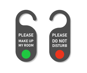 Do not disturb and please, make up my room, door hanger red and green colors in realistic style with shadows in black style, hotel service, rest, simple flat style vector illustration.