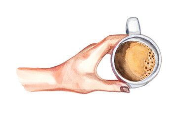 Watercolor illustration of hand with a coffee in a white porcelain cup isolated on  white. Watercolor hot drink collection. Espresso logo. Coffee flat lay  clipart for cafe,menu,logo,branding.