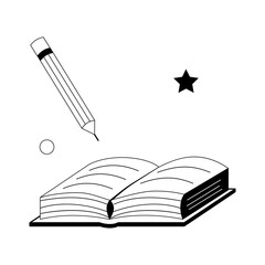 Isolated doodle pencil and book black and white. Outline vector Icon school supplies.