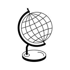 Isolated doodle globe on stand black and white. Outline vector Icon school supplies.