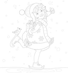 Cartoon girl in hat and scarf with present and bird in snow sketch template. Christmas vector illustration in black and white for games. Children's story book, fairytale, coloring paper, page, print