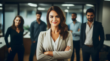 Attractive young confident businesswoman in glasses looking at camera while standing in a coworking space