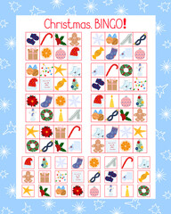 Christmas Bingo printable game topical winter festive vocabulary to practise language knowledge, New Year holiday classroom leisure activity worksheet, teacher resources for kids, vector illustration