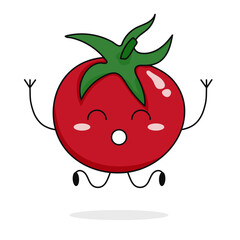Cute funny cartoon tomato jumping. Vector flat illustration isolated on white background.