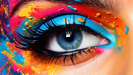 Poster Im Rahmen Close-up shot of beautiful female eye with multicolored makeup. © Alex